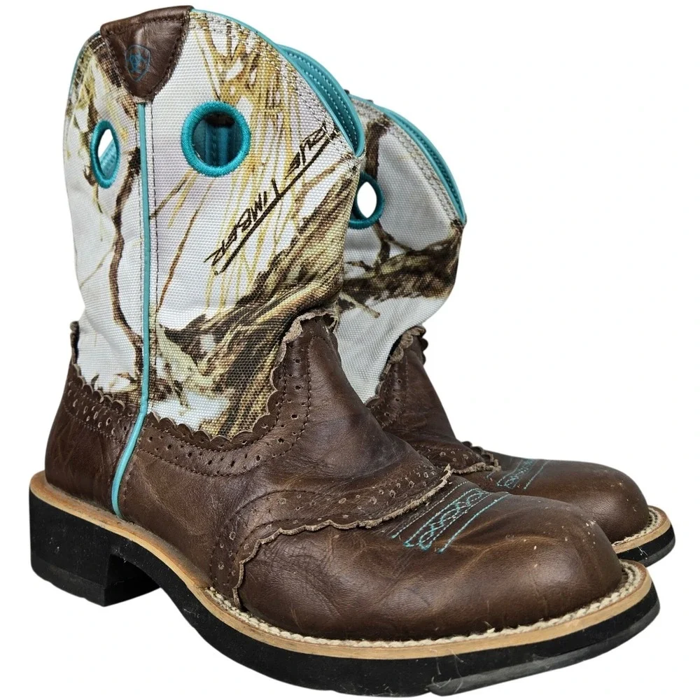 Ariat Fatbaby Camo Western Boots Brown Leather Teal Trim 10009503 Womens 7.5B